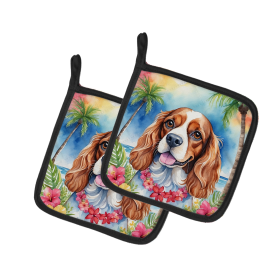 Luau Party Pair of Pot Holders (Design: Cavalier Spaniel 6401, size: 7.5HX7.5W)