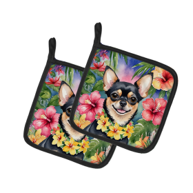 Luau Party Pair of Pot Holders (Design: Chihuahua 6405, size: 7.5HX7.5W)