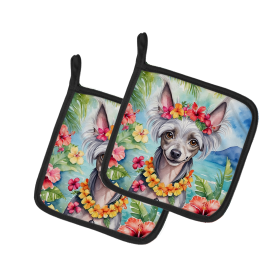 Luau Party Pair of Pot Holders (Design: Chinese Crested 6406, size: 7.5HX7.5W)