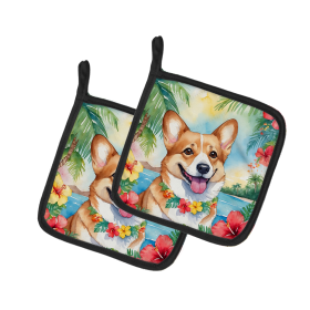 Luau Party Pair of Pot Holders (Design: Corgi 6414, size: 7.5HX7.5W)