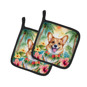 Luau Party Pair of Pot Holders (Design: Corgi 6415, size: 7.5HX7.5W)