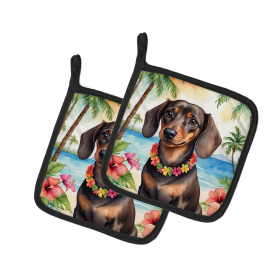 Luau Party Pair of Pot Holders (Design: Dachshund 6418, size: 7.5HX7.5W)