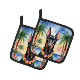 Luau Party Pair of Pot Holders (Design: Doberman Pinscher 6422, size: 7.5HX7.5W)