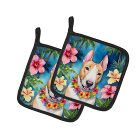Luau Party Pair of Pot Holders (Design: English Bull Terrier 6424, size: 7.5HX7.5W)