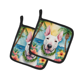 Luau Party Pair of Pot Holders (Design: English Bull Terrier 6425, size: 7.5HX7.5W)