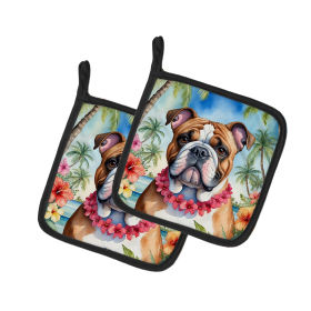 Luau Party Pair of Pot Holders (Design: English Bulldog 6426, size: 7.5HX7.5W)