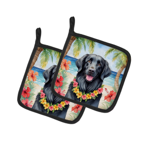 Luau Party Pair of Pot Holders (Design: Flat-Coated Retriever 6432, size: 7.5HX7.5W)