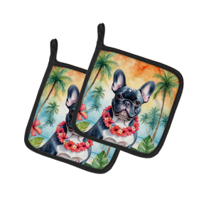 Luau Party Pair of Pot Holders (Design: French Bulldog 6435, size: 7.5HX7.5W)