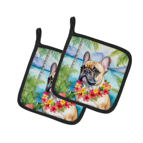 Luau Party Pair of Pot Holders (Design: French Bulldog 6436, size: 7.5HX7.5W)