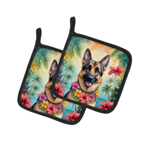 Luau Party Pair of Pot Holders (Design: German Shepherd 6437, size: 7.5HX7.5W)
