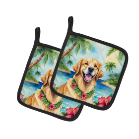 Luau Party Pair of Pot Holders (Design: Golden Retriever 6442, size: 7.5HX7.5W)