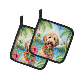 Luau Party Pair of Pot Holders (Design: Goldendoodle 6443, size: 7.5HX7.5W)