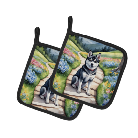 Spring Path Pair of Pot Holders (Design: Alaskan Klee Kai 6545, size: 7.5HX7.5W)