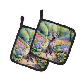 Spring Path Pair of Pot Holders (Design: American Hairless Terrier 6552, size: 7.5HX7.5W)