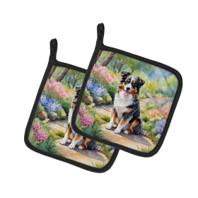 Spring Path Pair of Pot Holders (Design: Australian Shepherd 6556, size: 7.5HX7.5W)