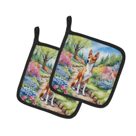 Spring Path Pair of Pot Holders (Design: Basenji 6558, size: 7.5HX7.5W)