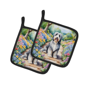 Spring Path Pair of Pot Holders (Design: Bearded Collie 6561, size: 7.5HX7.5W)