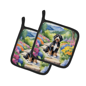 Spring Path Pair of Pot Holders (Design: Bernedoodle 6567, size: 7.5HX7.5W)