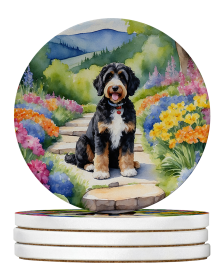 Spring Path Large Sandstone Coasters (Pack of 4) (Dog Breed: Bernedoodle 6567)