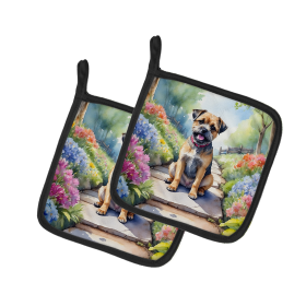 Spring Path Pair of Pot Holders (Design: Border Terrier 6574, size: 7.5HX7.5W)