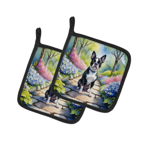 Spring Path Pair of Pot Holders (Design: Boston Terrier 6577, size: 7.5HX7.5W)
