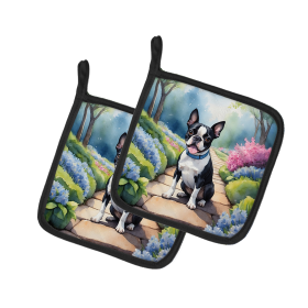 Spring Path Pair of Pot Holders (Design: Boston Terrier 6578, size: 7.5HX7.5W)