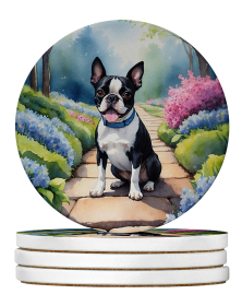 Spring Path Large Sandstone Coasters (Pack of 4) (Dog Breed: Boston Terrier 6578)