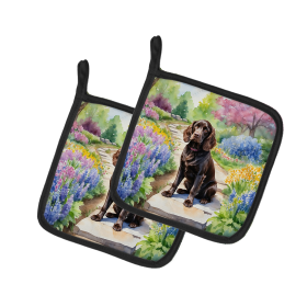 Spring Path Pair of Pot Holders (Design: Boykin Spaniel 6583, size: 7.5HX7.5W)