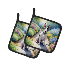 Spring Path Pair of Pot Holders (Design: Bull Terrier 6587, size: 7.5HX7.5W)