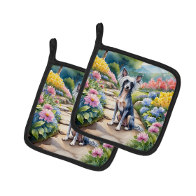 Spring Path Pair of Pot Holders (Design: Chinese Crested 6598, size: 7.5HX7.5W)