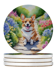 Spring Path Large Sandstone Coasters (Pack of 4) (Dog Breed: Corgi 6608)