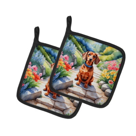 Spring Path Pair of Pot Holders (Design: Dachshund 6613, size: 7.5HX7.5W)