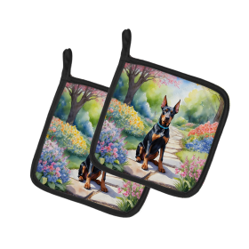 Spring Path Pair of Pot Holders (Design: Doberman Pinscher 6617, size: 7.5HX7.5W)