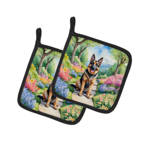 Spring Path Pair of Pot Holders (Design: German Shepherd 6631, size: 7.5HX7.5W)