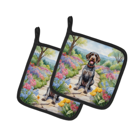 Spring Path Pair of Pot Holders (Design: German Wirehaired Pointer 6634, size: 7.5HX7.5W)