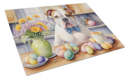 Decorating Easter Glass Cutting Board (Dog Breed: American Bulldog 6743, size: large)