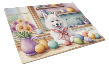Decorating Easter Glass Cutting Board (Dog Breed: American Eskimo 6745, size: large)