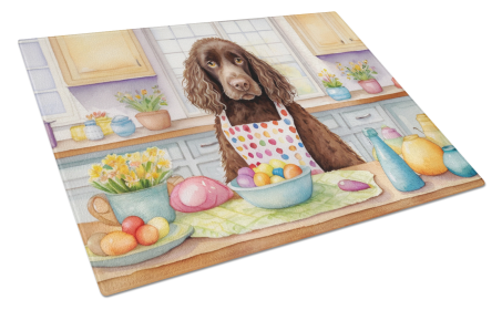 Decorating Easter Glass Cutting Board (Dog Breed: American Water Spaniel 6747, size: large)