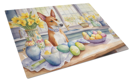Decorating Easter Glass Cutting Board (Dog Breed: Basenji 6752, size: large)