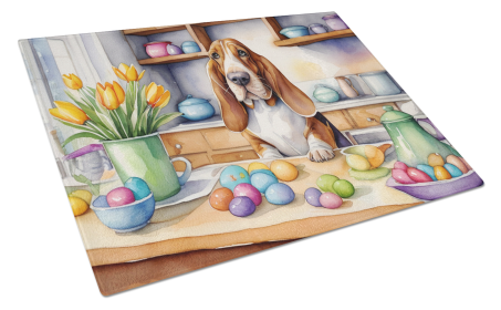 Decorating Easter Glass Cutting Board (Dog Breed: Basset Hound 6753, size: large)