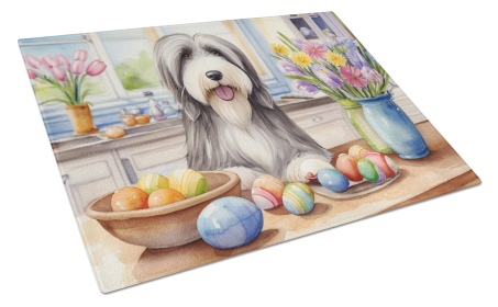 Decorating Easter Glass Cutting Board (Dog Breed: Bearded Collie 6755, size: large)