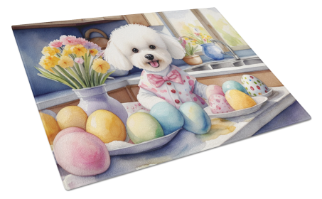 Decorating Easter Glass Cutting Board (Dog Breed: Bichon Frise 6763, size: large)