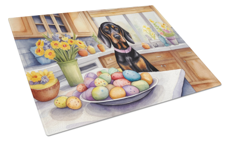 Decorating Easter Glass Cutting Board (Dog Breed: Black and Tan Coonhound 6764, size: large)