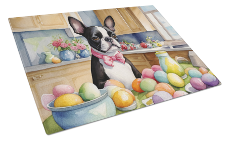 Decorating Easter Glass Cutting Board (Dog Breed: Boston Terrier 6771, size: large)