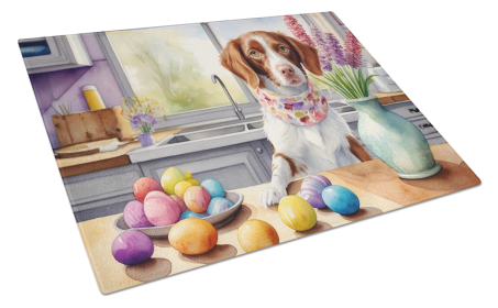 Decorating Easter Glass Cutting Board (Dog Breed: Brittany Spaniel 6776, size: large)