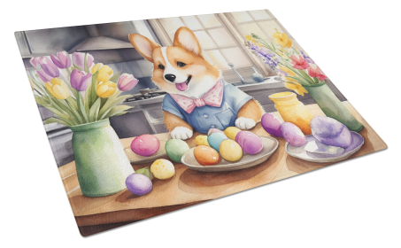 Decorating Easter Glass Cutting Board (Dog Breed: Corgi 6796, size: large)