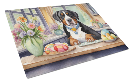 Decorating Easter Glass Cutting Board (Dog Breed: Greater Swiss Mountain Dog 6830, size: large)