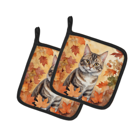 Cats in Fall Leaves Pair of Pot Holders (Dog Breed: American Bobtail Cat, size: 7.5HX7.5W)
