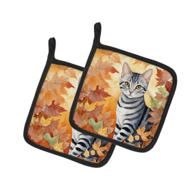 Cats in Fall Leaves Pair of Pot Holders (Dog Breed: American Shorthair Cat, size: 7.5HX7.5W)