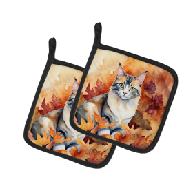 Cats in Fall Leaves Pair of Pot Holders (Dog Breed: Aphrodite Giant Cat, size: 7.5HX7.5W)